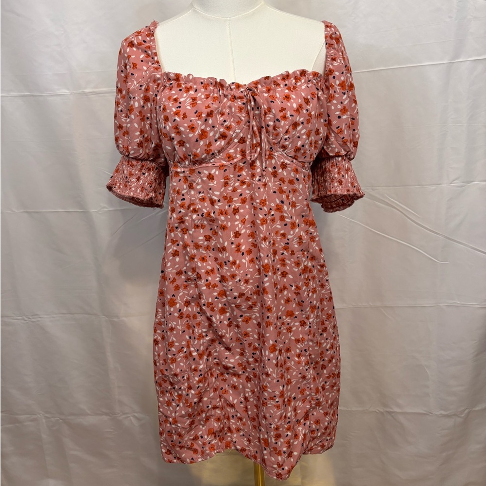 Trixxi Pink Floral Puff Sleeve Mini Dress Smocked Back Medium